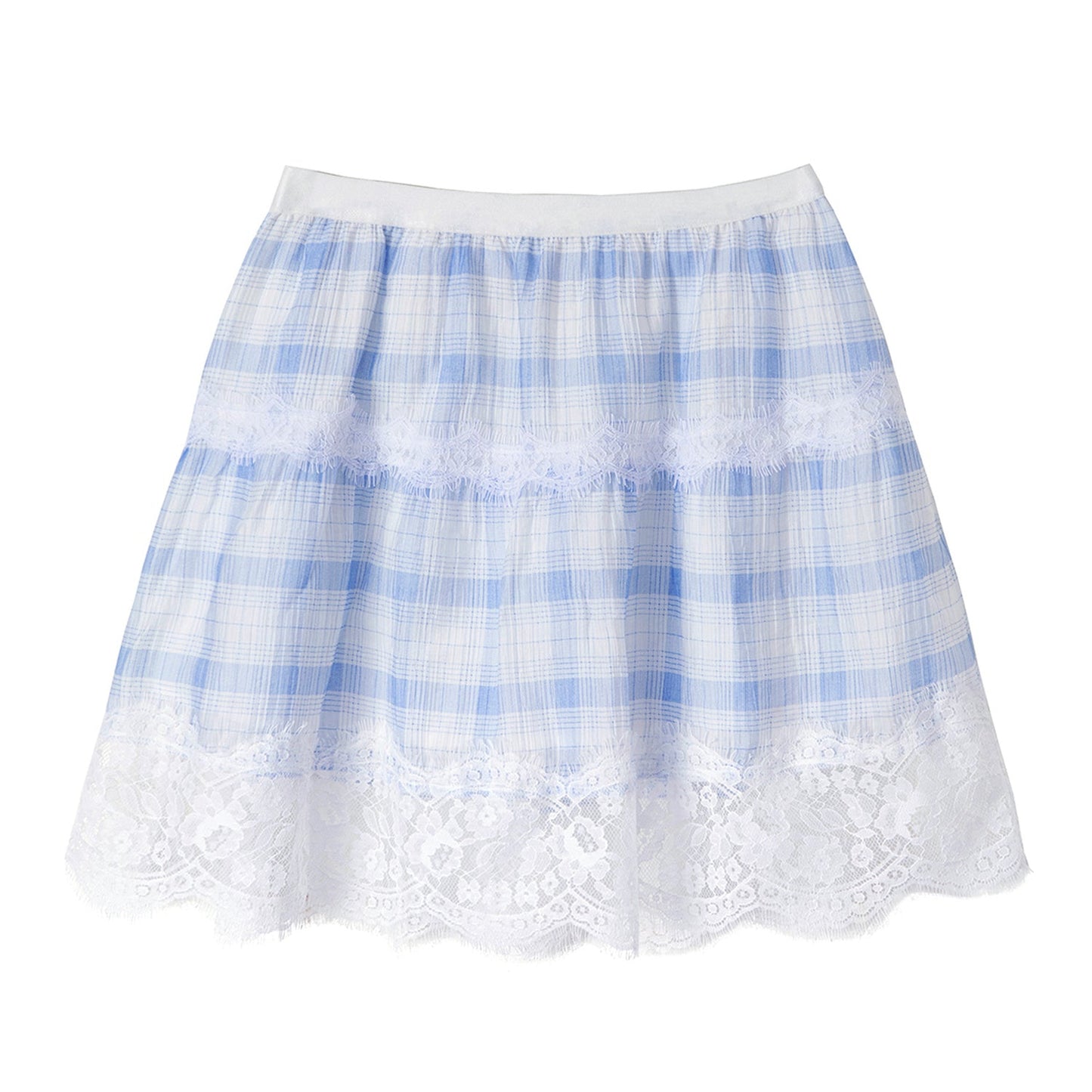 Blue White Checkered Lace Tencel Top Skirt Set-Up
