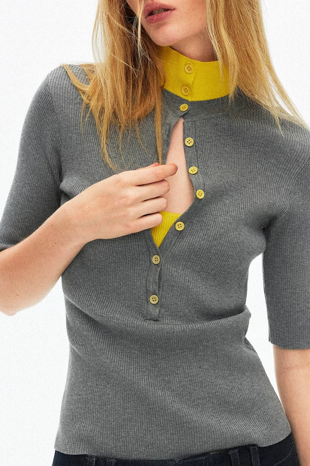 Lyocell Color-Blocked Fake Two-Piece Knit Top