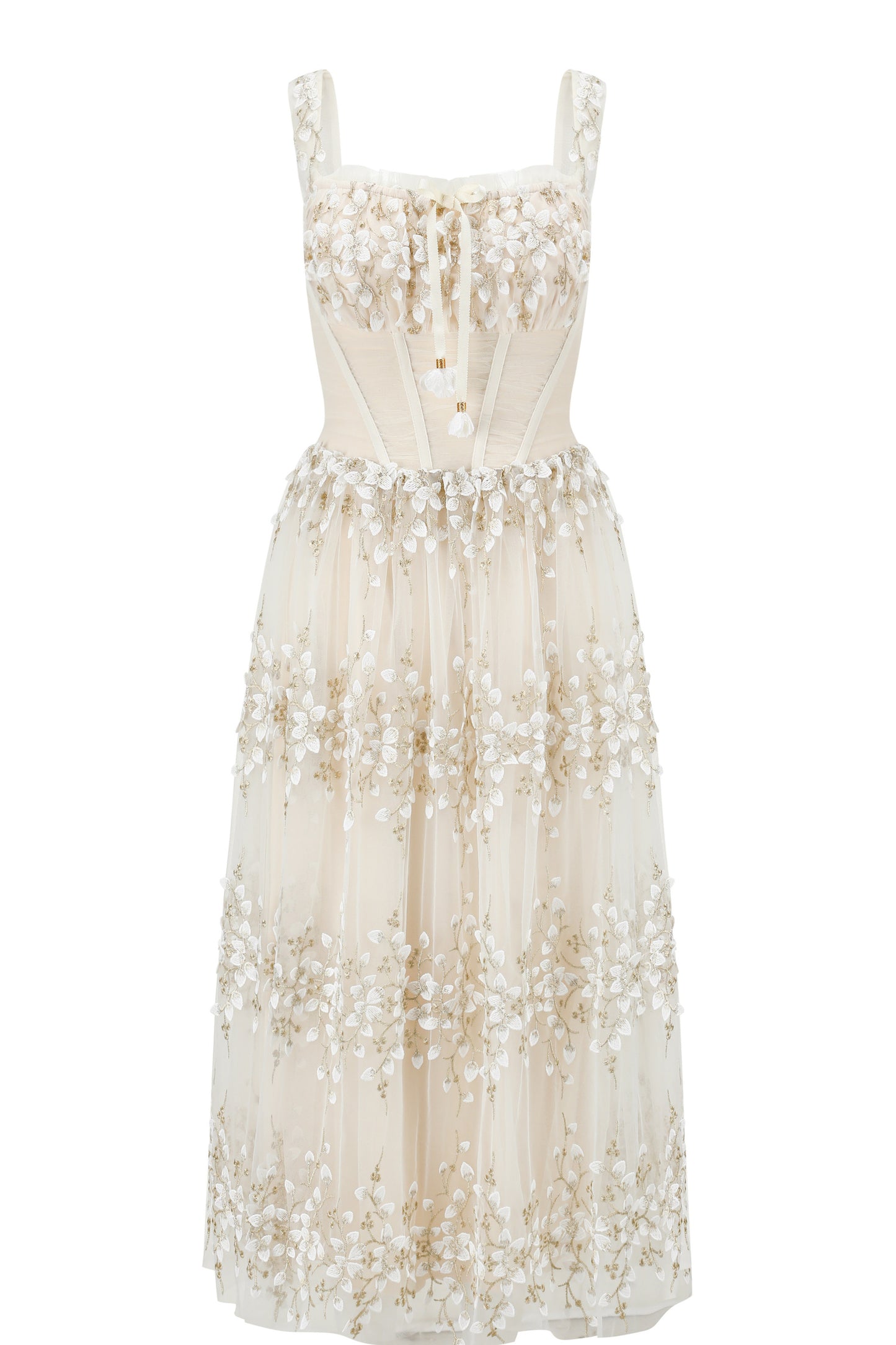 Embroidery Fishbone Strap Long Dress