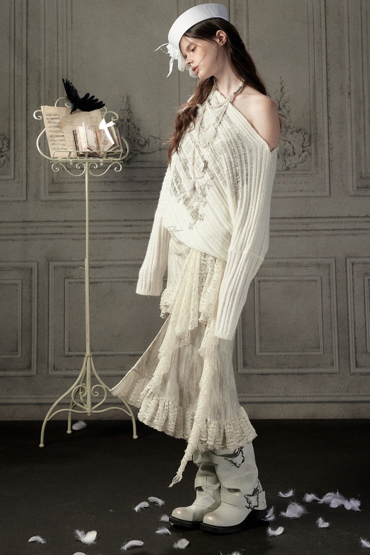 Beige Asymmetrical Lace Spliced Skirt