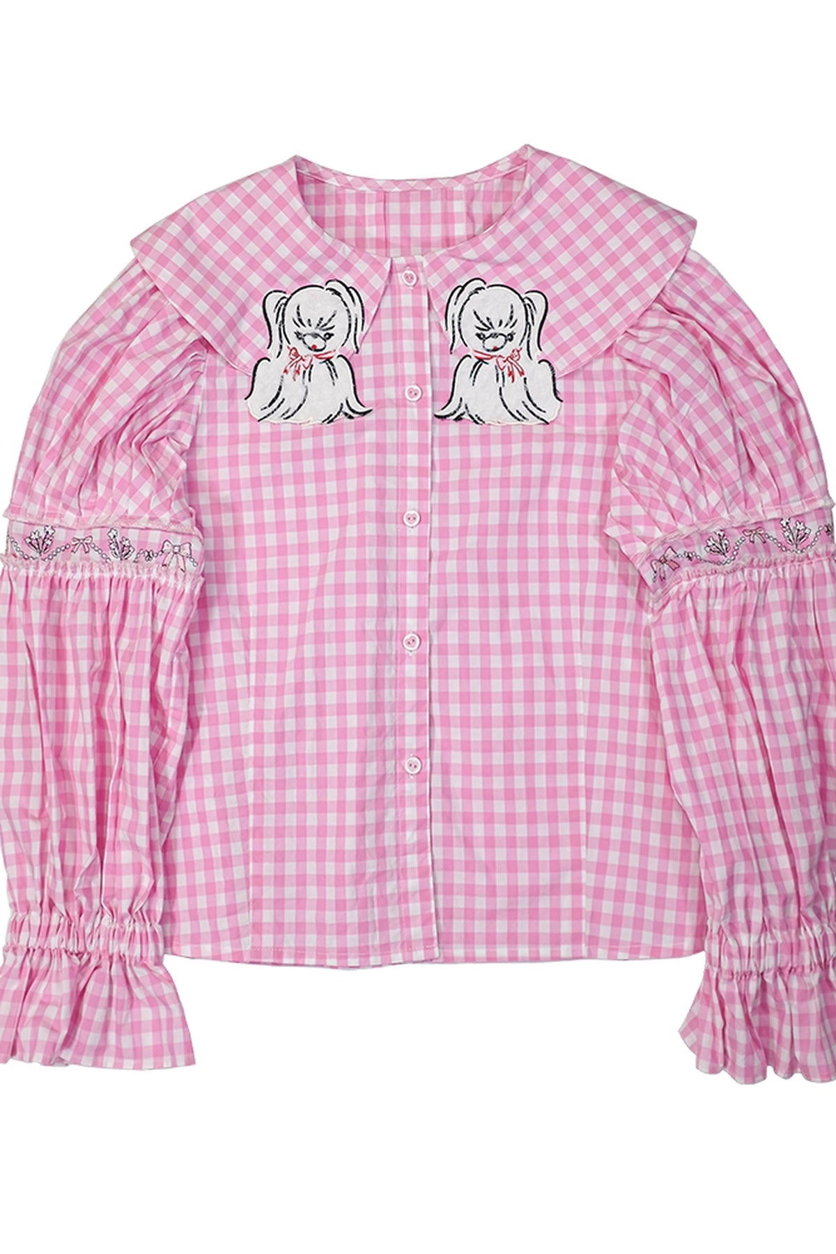 Dog Embroidered Plaid Puff Sleeve Shirt