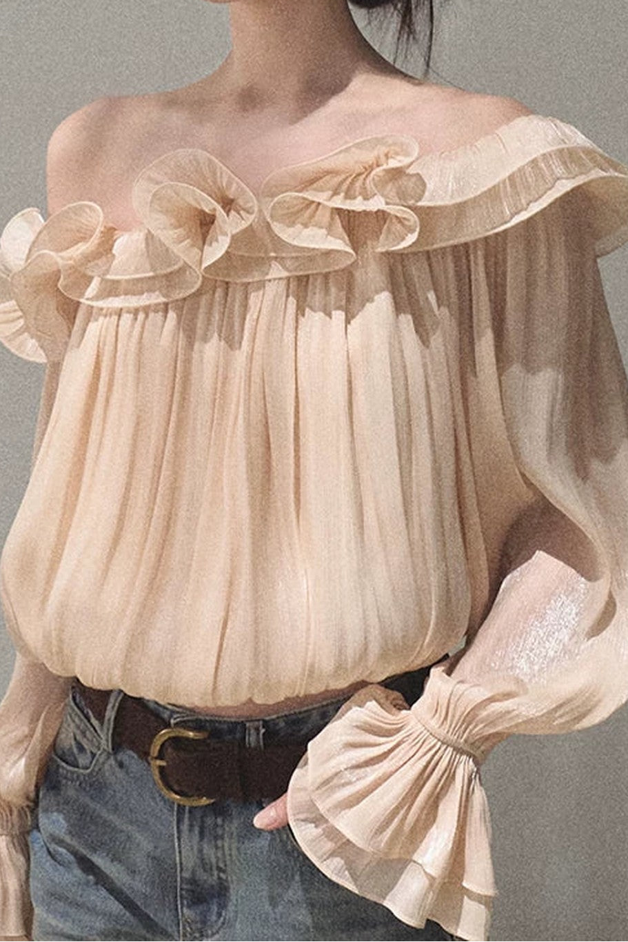 One-Shoulder Ruffle Lantern Sleeve Blouse