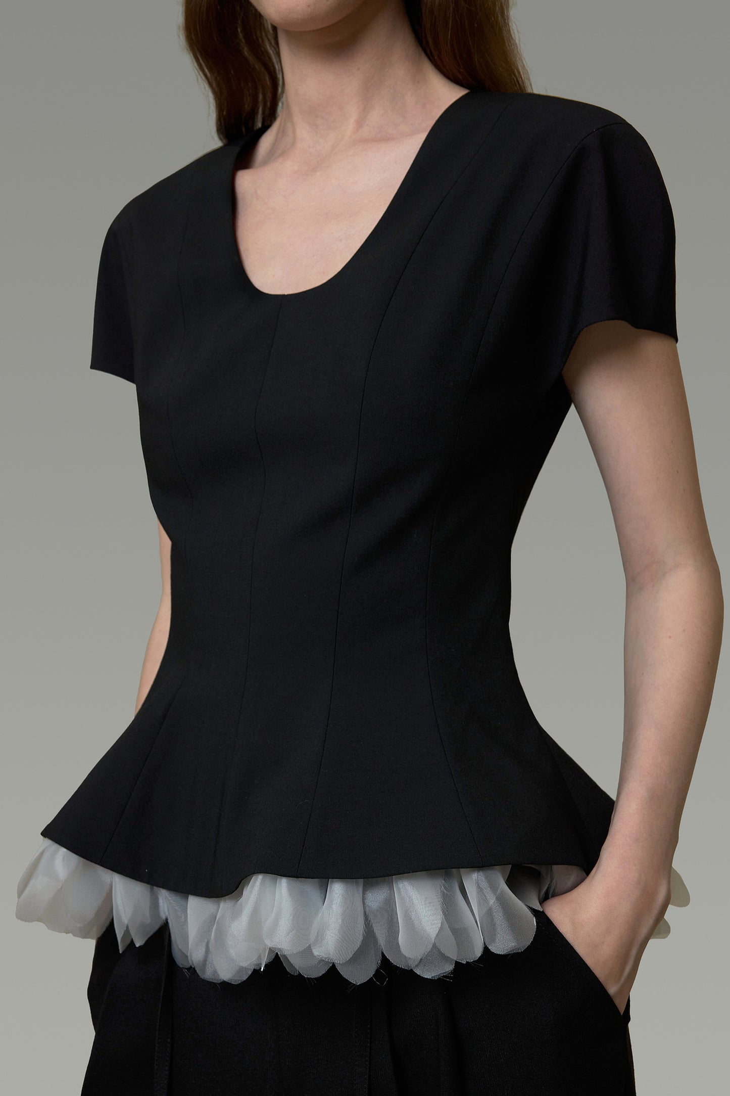 Color-Blocked U-Neck Waist-Cinching Blouse