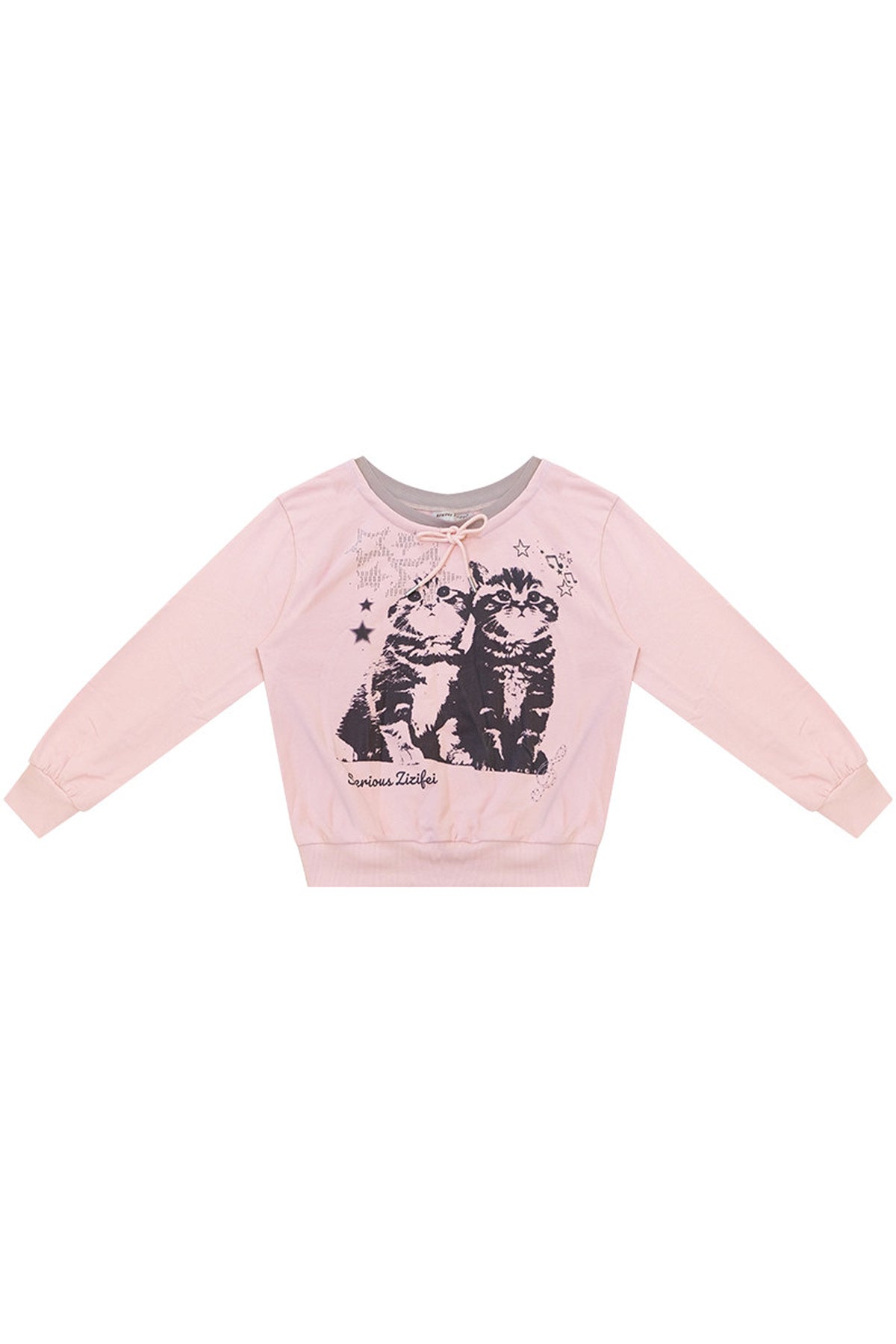 Rosa Sweatshirt mit Katzenprint und Bindeband