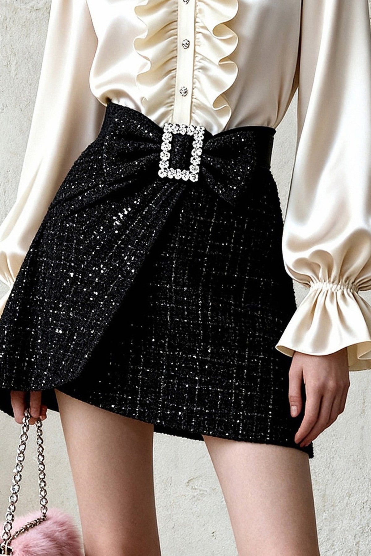 French Style Satin Blouse and Skirt