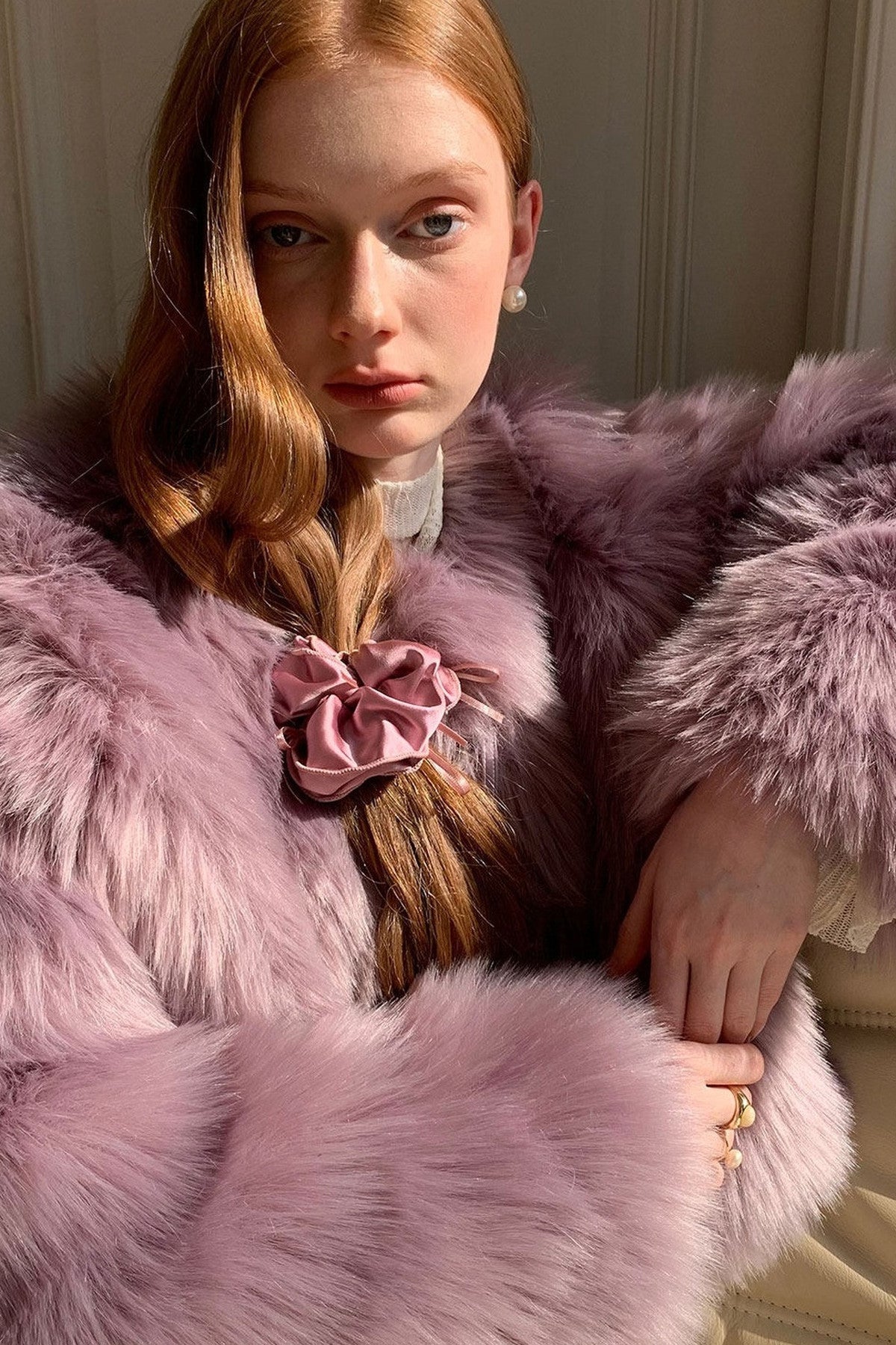 Cream Purple Bow Fur Jacket