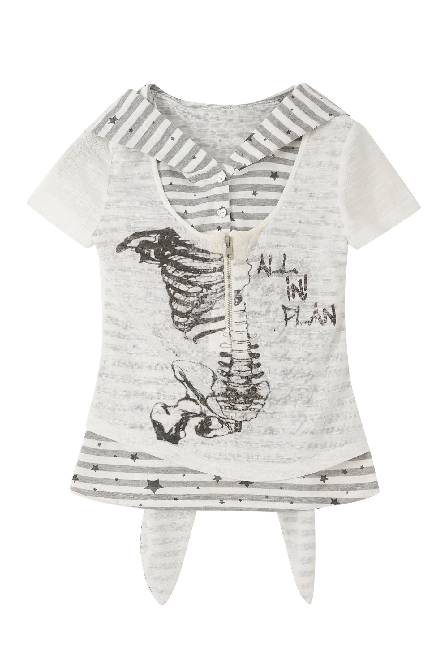 Striped Collar Skeleton Graphic Hooded Top