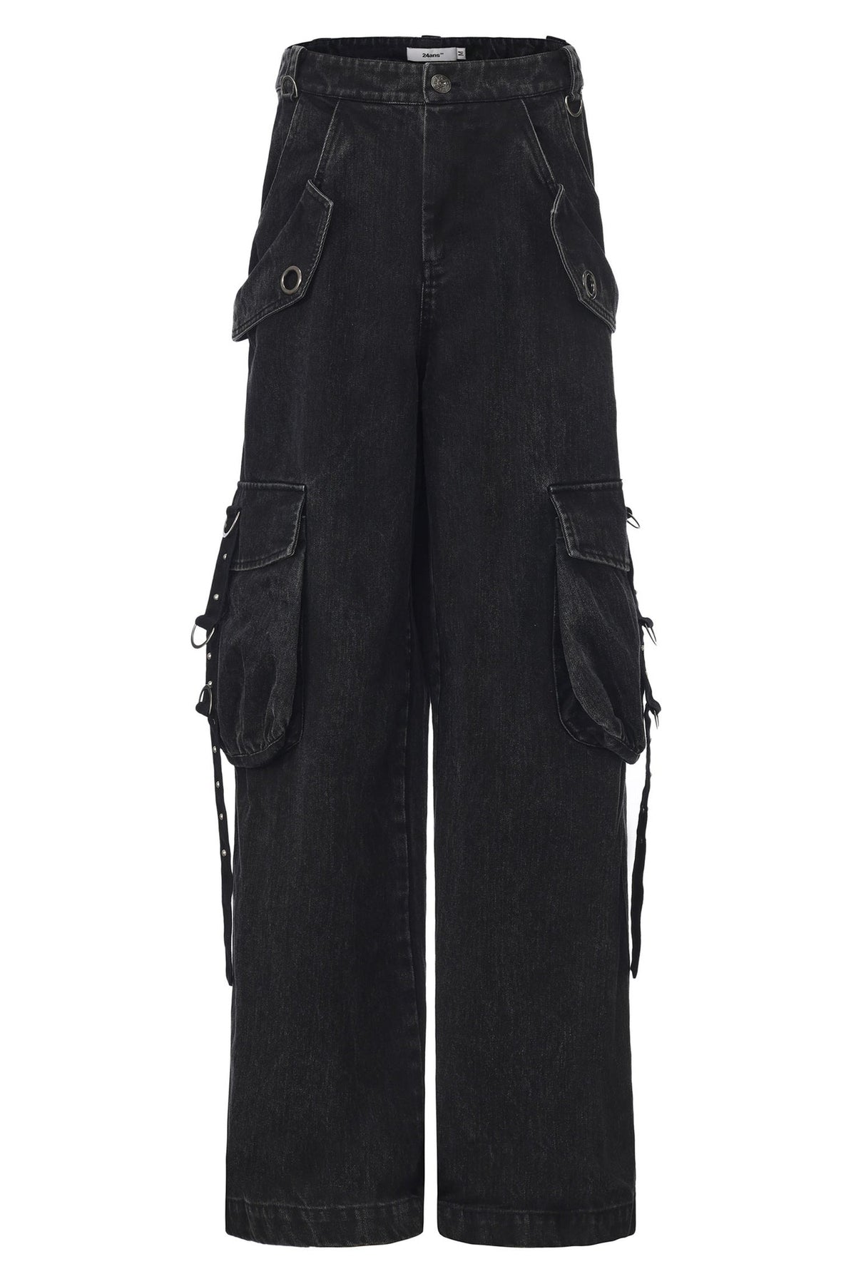 Washed Multi-Pocket Cargo Metal Eyelet Ribbon Jeans
