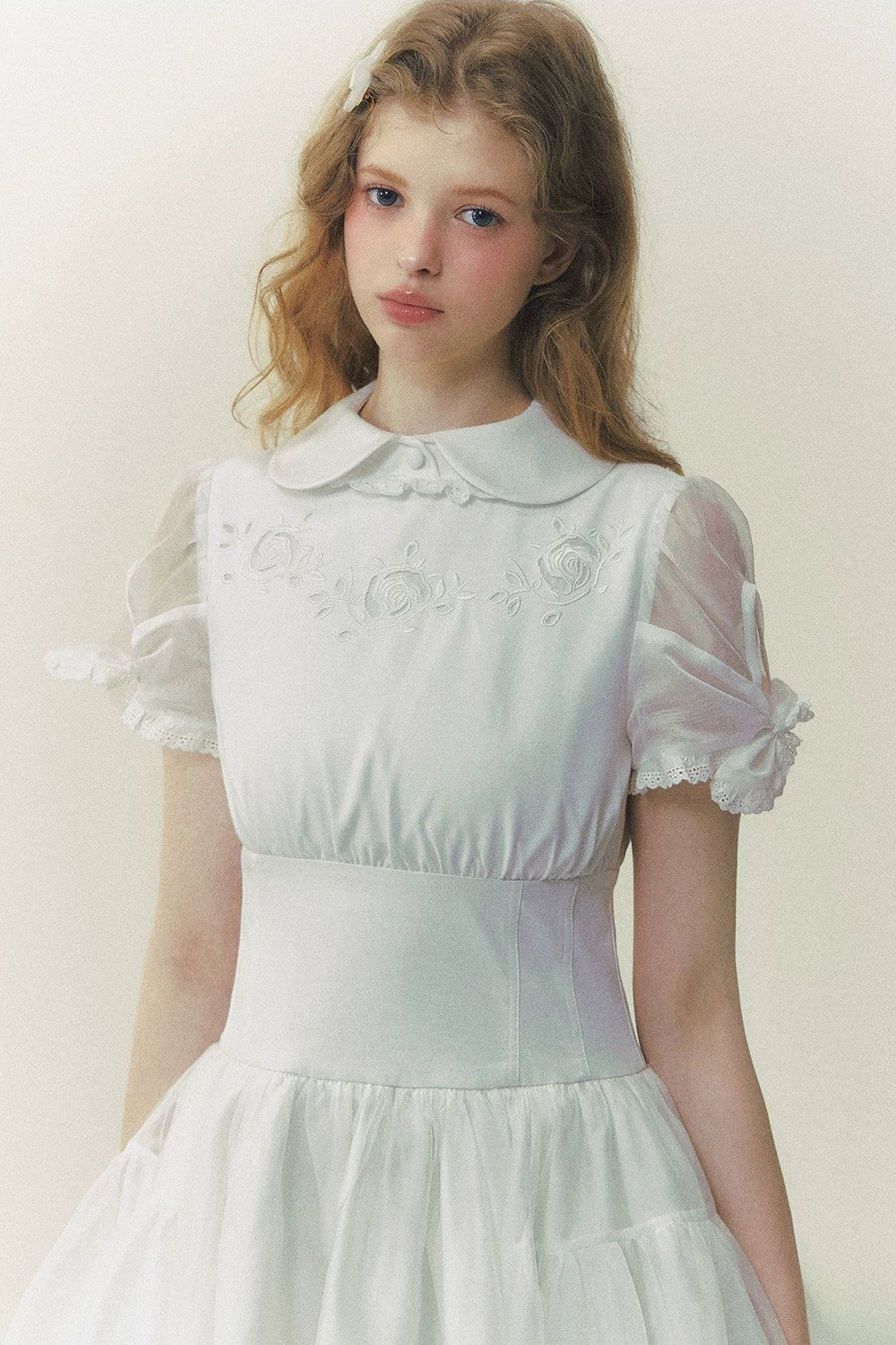 White Rose Embroidered Princess Midi Dress