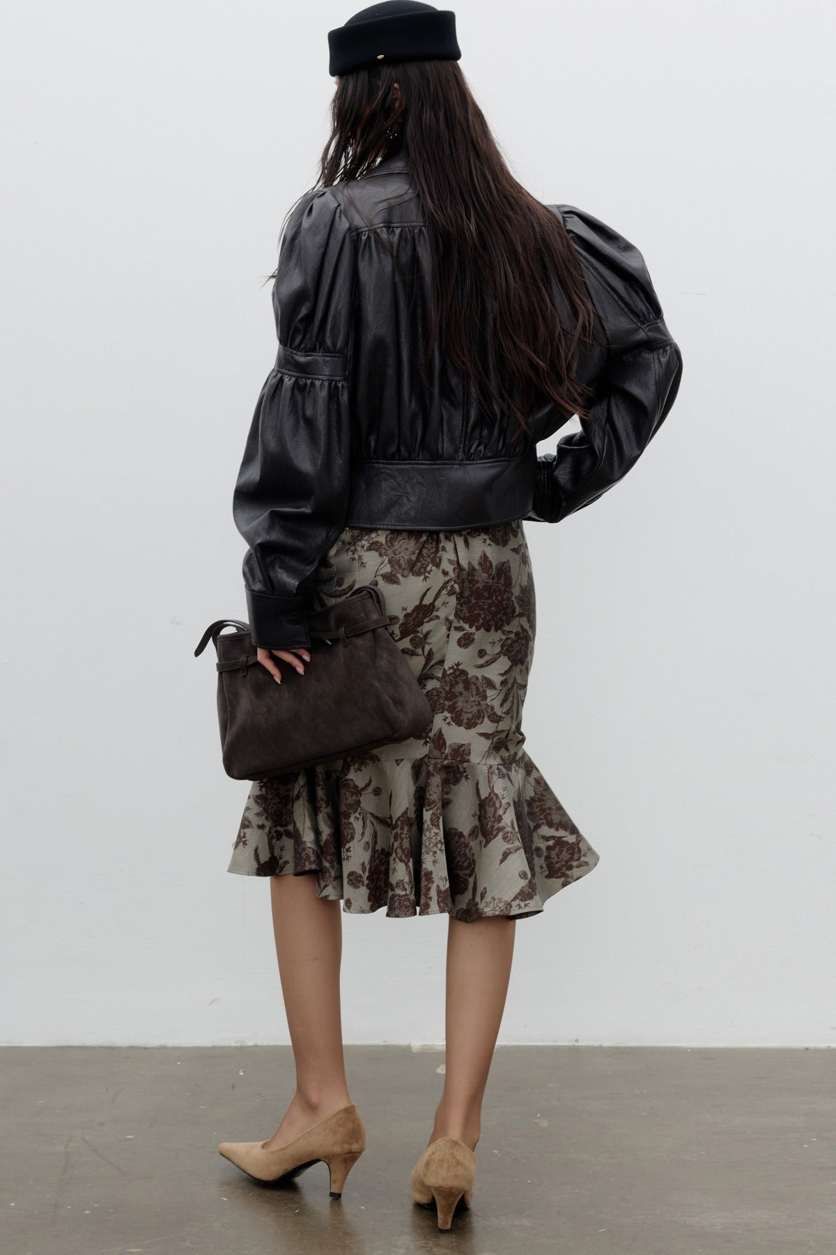 Puff Sleeve PU Leather Silhouette Jacket