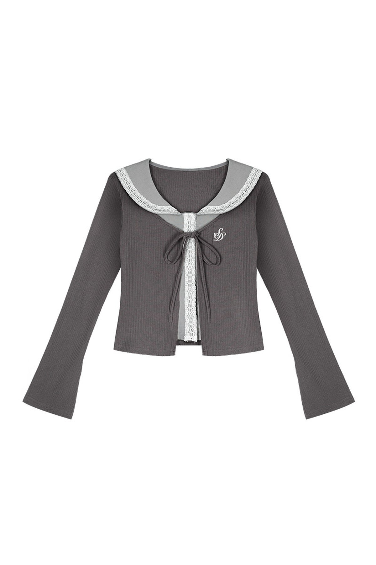 Graues Top mit Spitzen-Matrosenkragen und Rock-Set