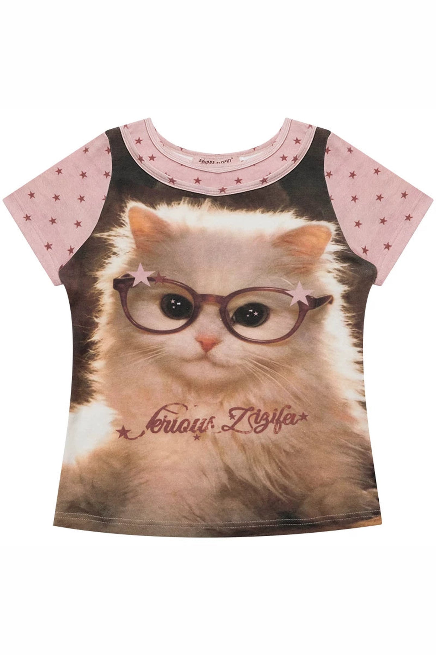 Retro Distressed Cat Print Yellow T-Shirt