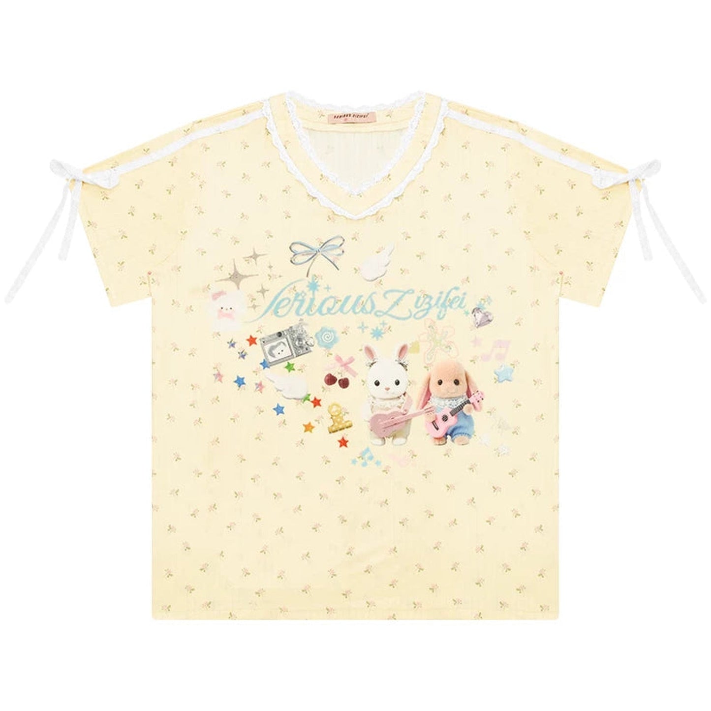 Yellow V-Neck Lace Floral T-Shirt
