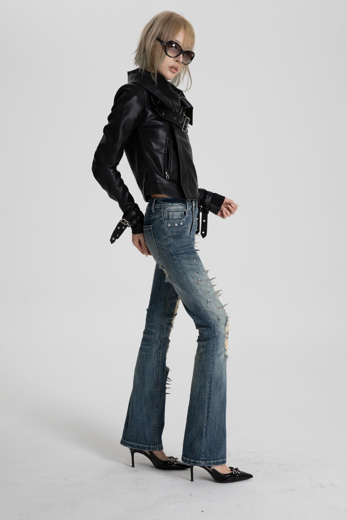 Spiked Snake Patch Flared Jeans