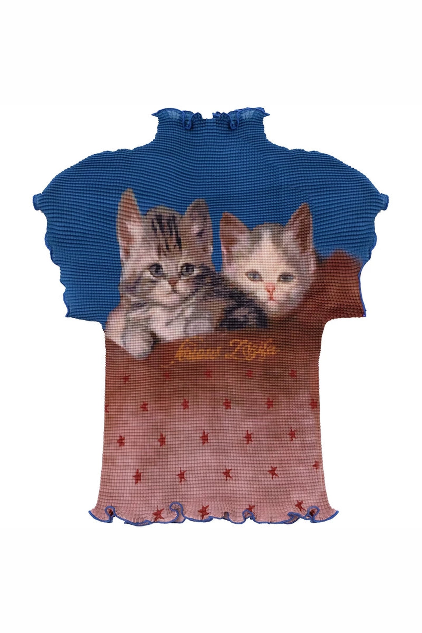 Color-Blocked Cat Print Pleated T-Shirt