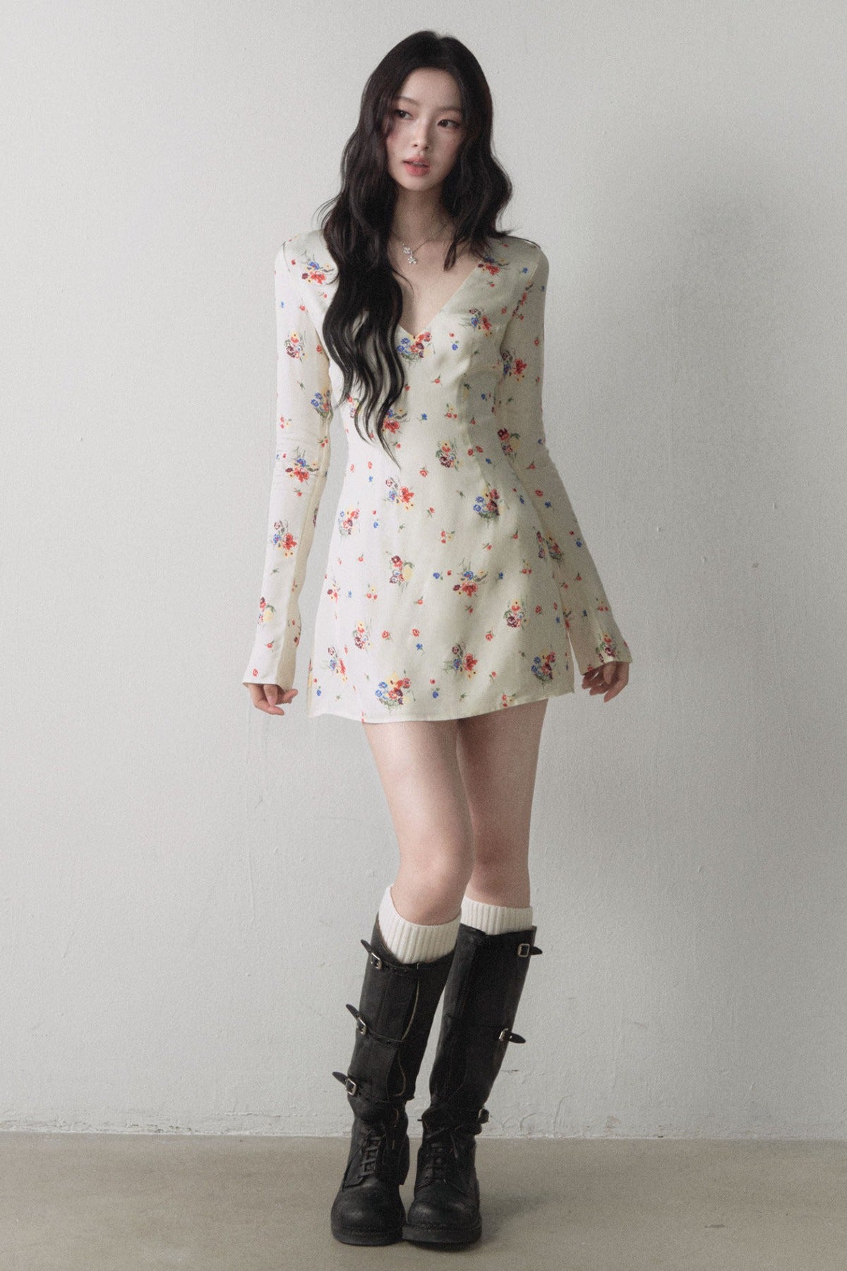 Colorful Floral V Neck A Line Dress