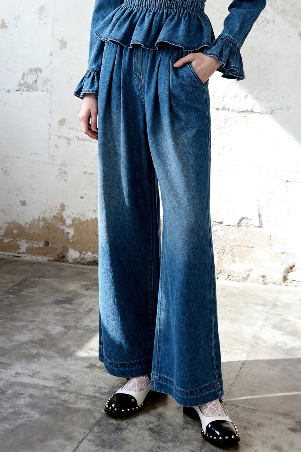 Ruffle Blouse and Wide-Leg Pants Set