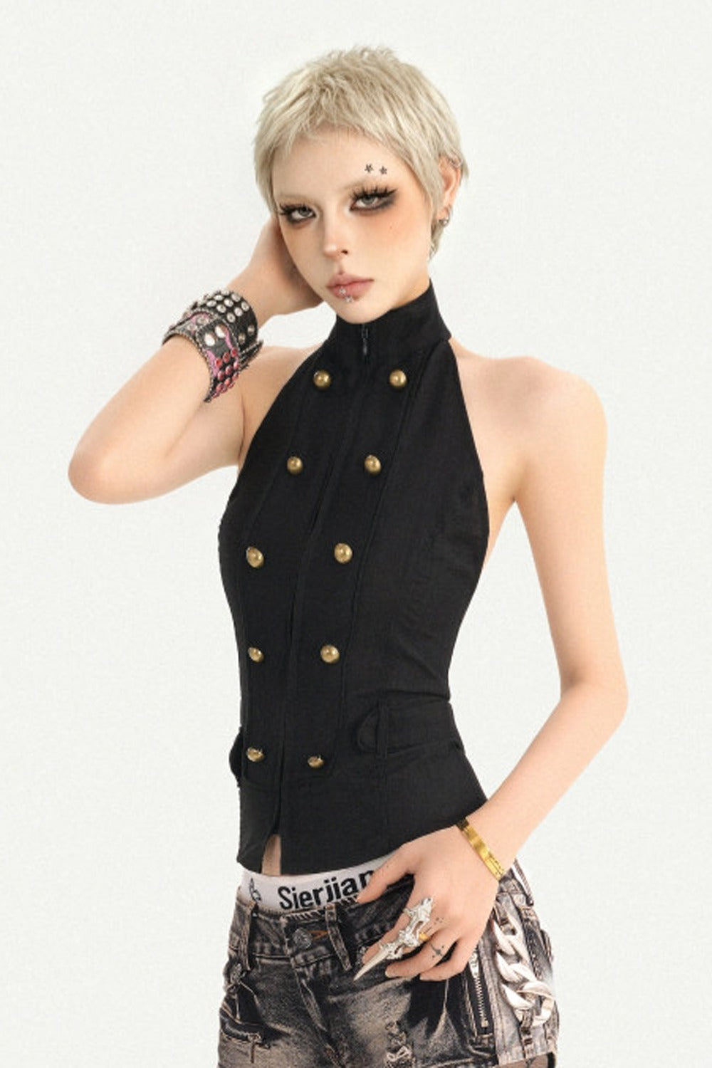 Sleeveless Backless Double-Breasted Halter Vest