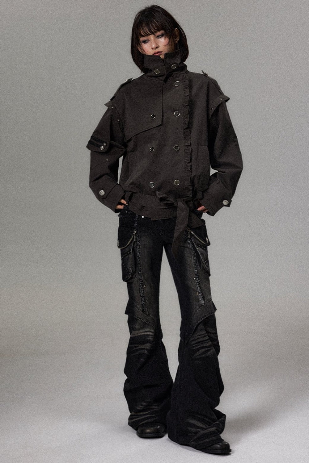 Punk Double-Breasted Lace Trim Trench Coat
