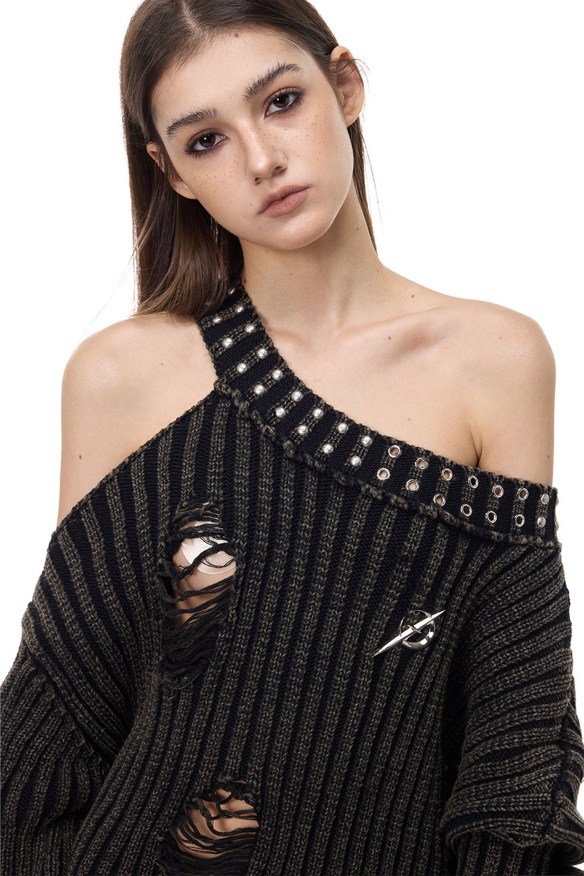 Black Metal Rivet Distressed Sweater