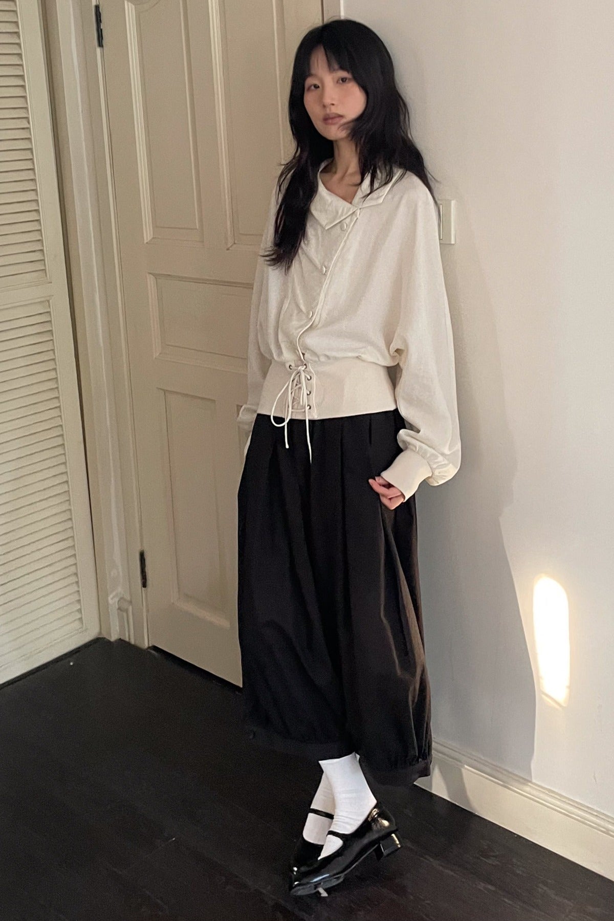 Pleated Lapel Long-Sleeve Shirt