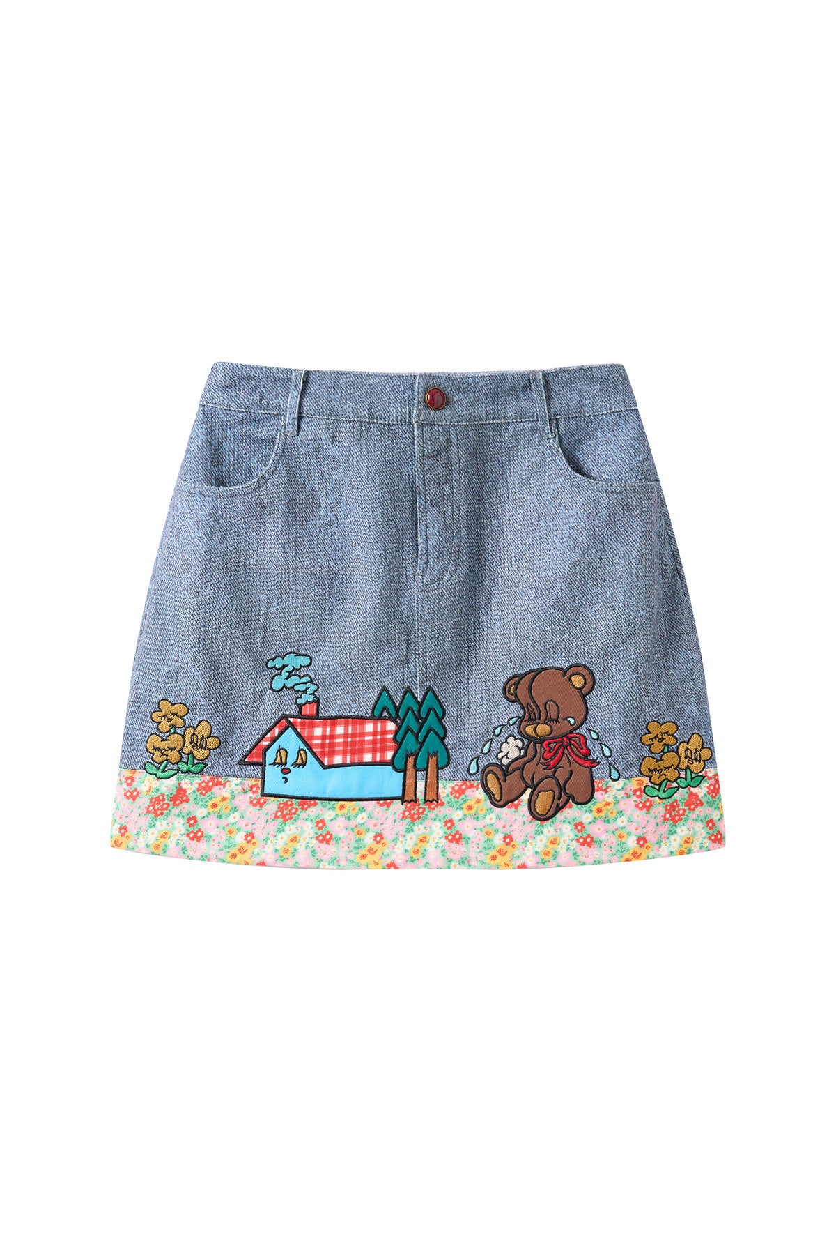 Jeansrock mit Blumen- und Bärenstickerei