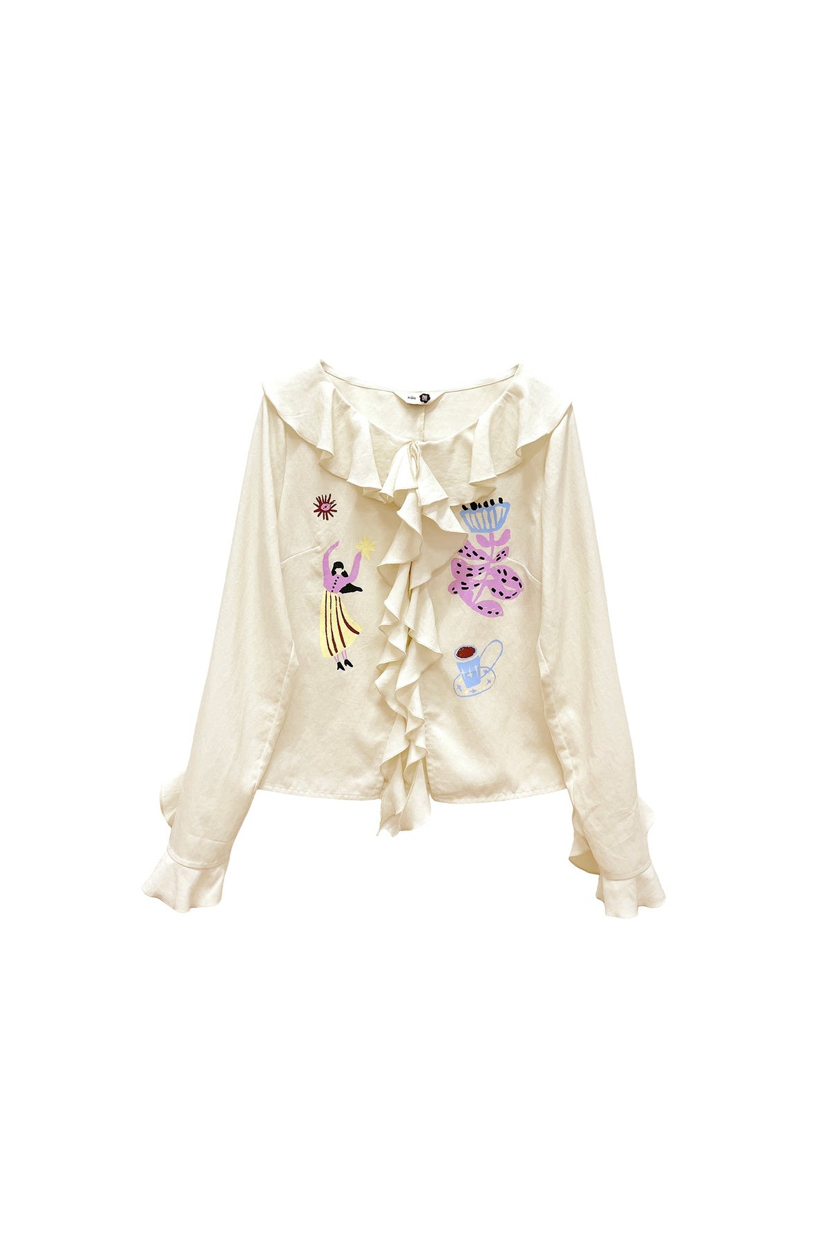 French Ruffle Flared Long-Sleeve Blouse