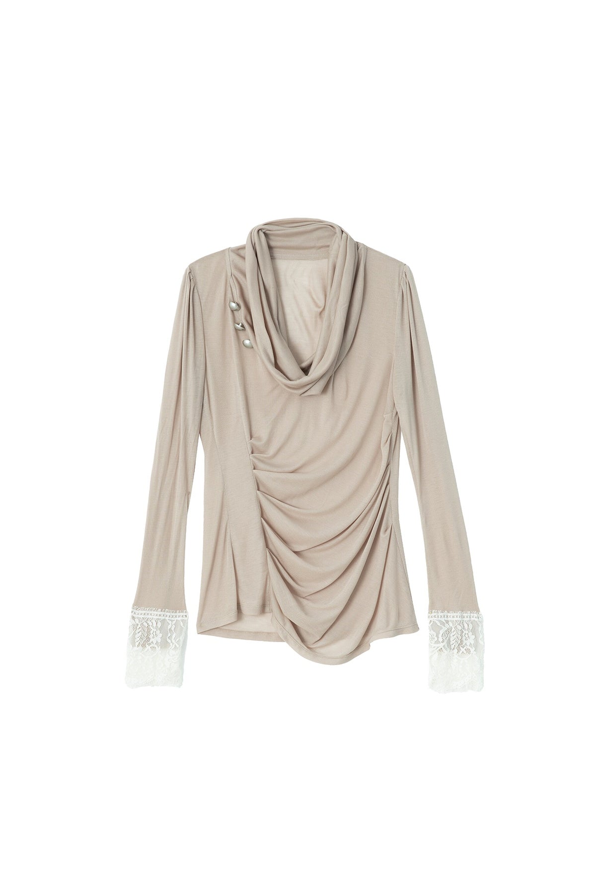 Pleated Cowl Neck Lace Trim Top
