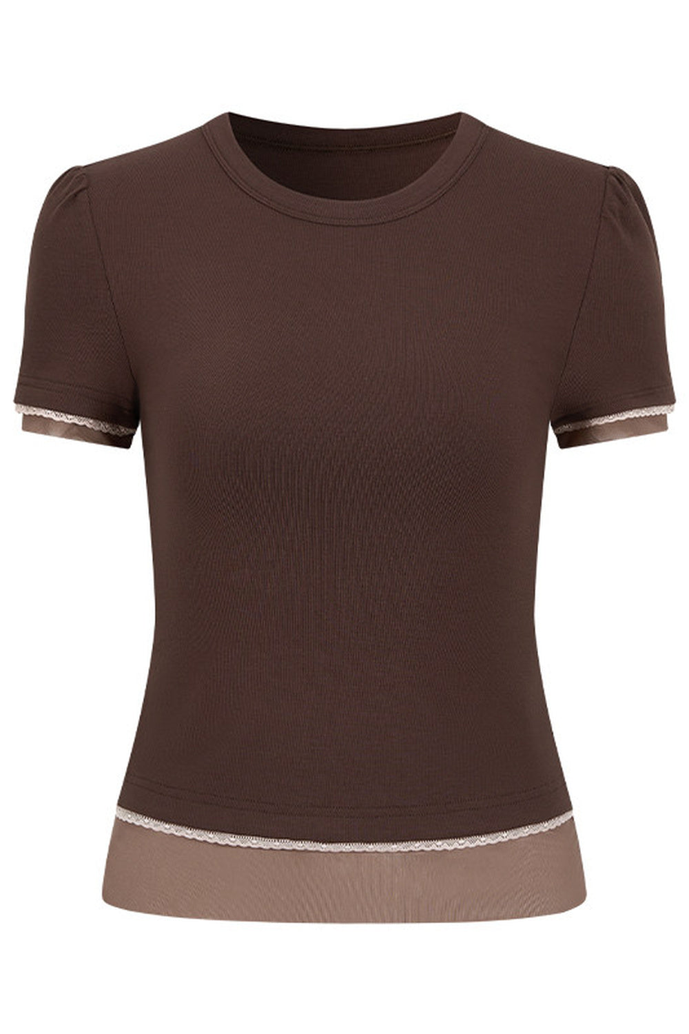 Double-Layer Color-Blocking Lace Round-Neck Blouse