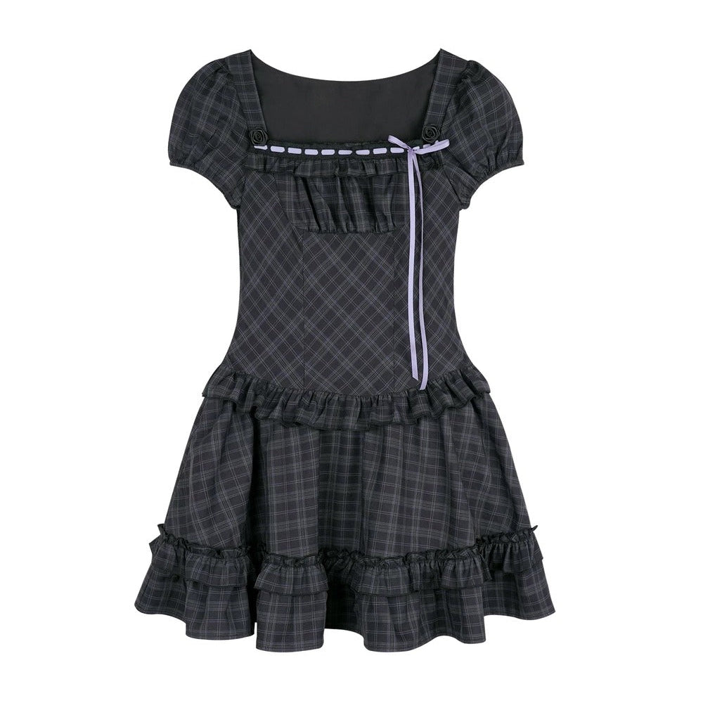 Rose Plaid Lolita Square Neck Dress