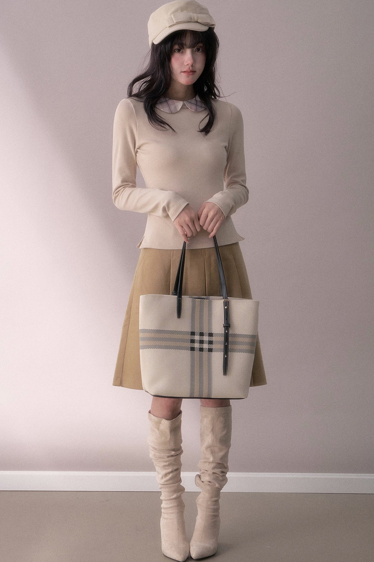 Milk Tea Plaid Cotton Knit Top