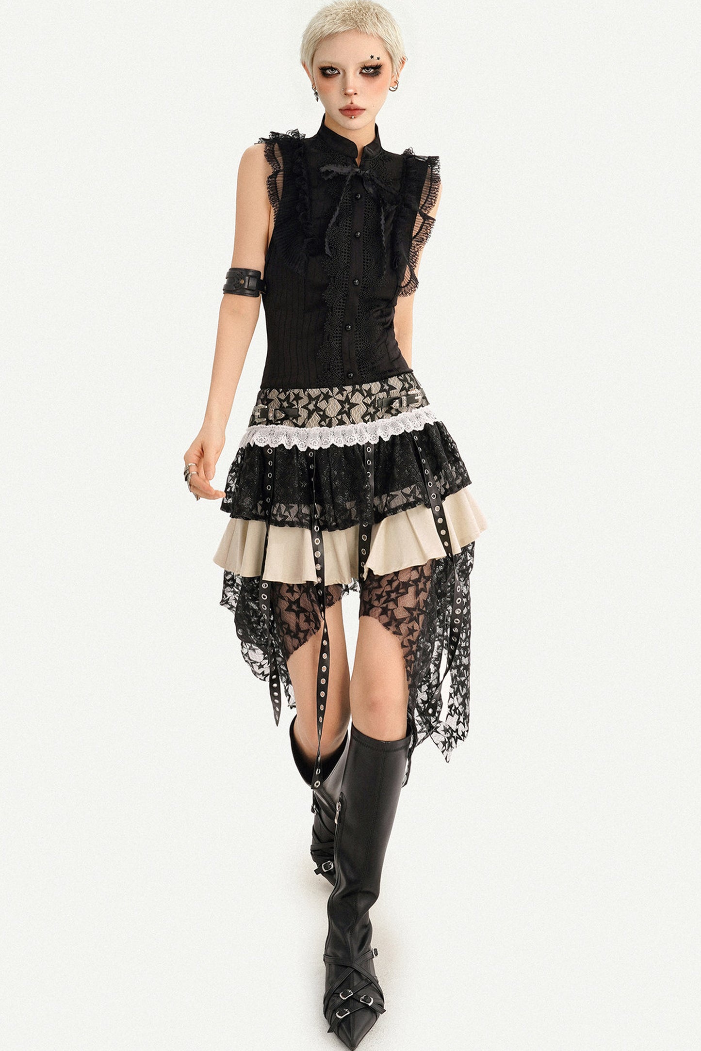 Gothic Lace Patchwork Asymmetrical Skirt