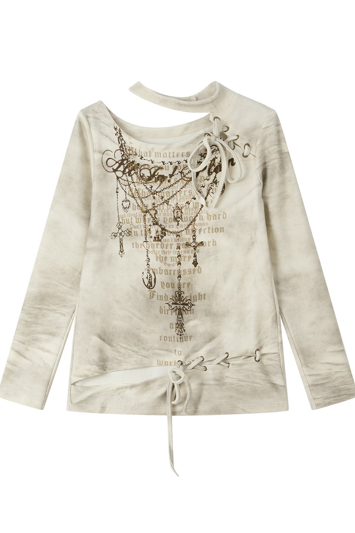Letter Print Layered-Look Off-Shoulder Long-Sleeve T-shirt