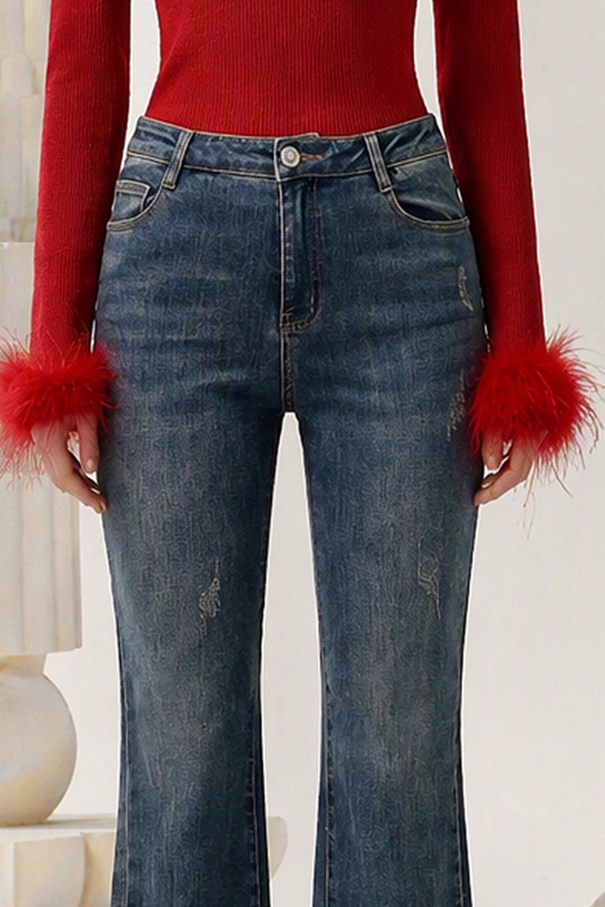 Pearl Bow Fringe Flared Jeans