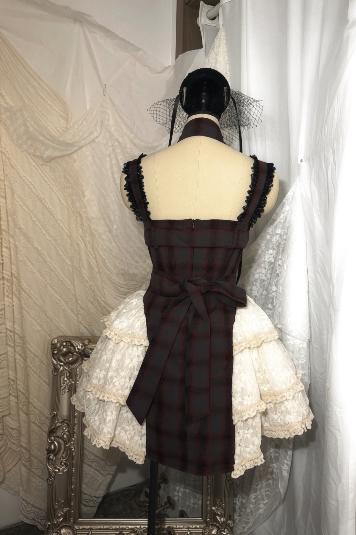 Gray Plaid Lace-Up Printed Cake Dress Set