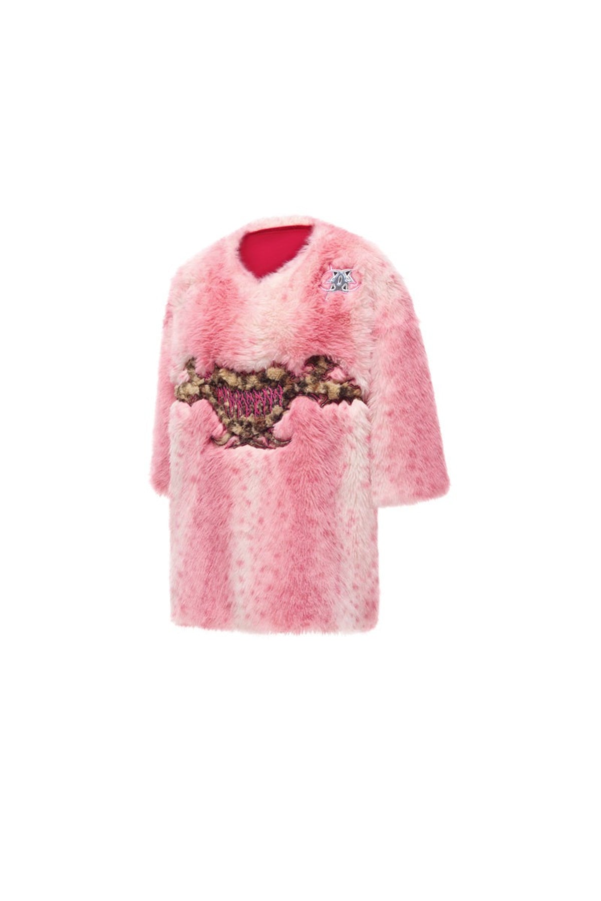 Pink Leopard Heart Embroidered Faux Fur Jacket