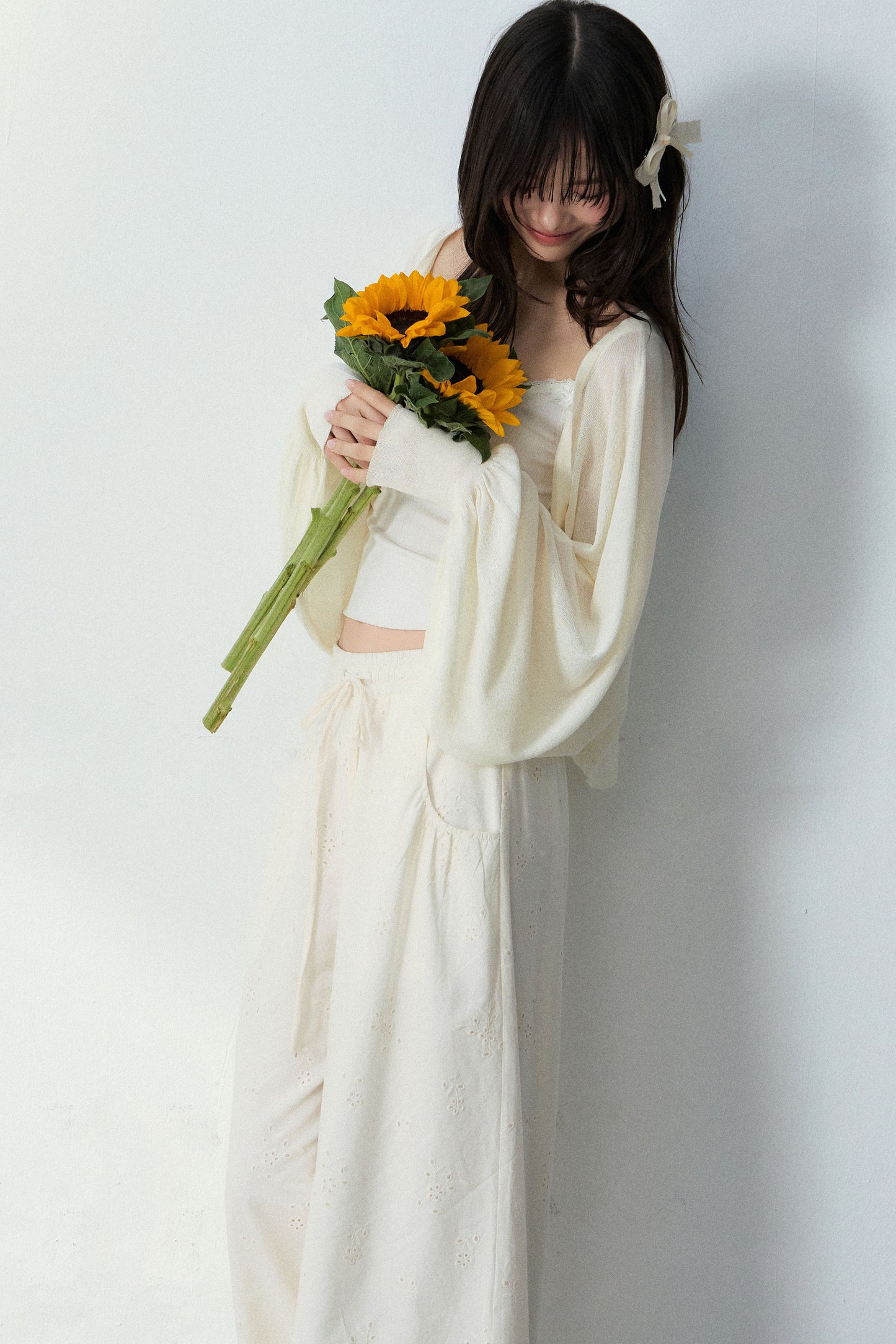 Batwing Cardigan & Camisole With Hollow Out Floral Pants Set-Up