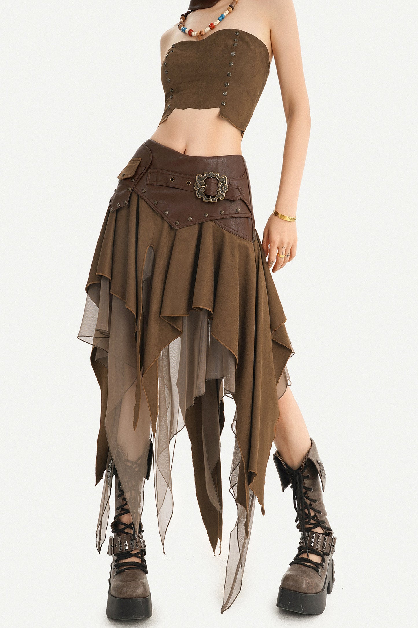 Patchwork Faux Suede Skirt and Top Set-Up