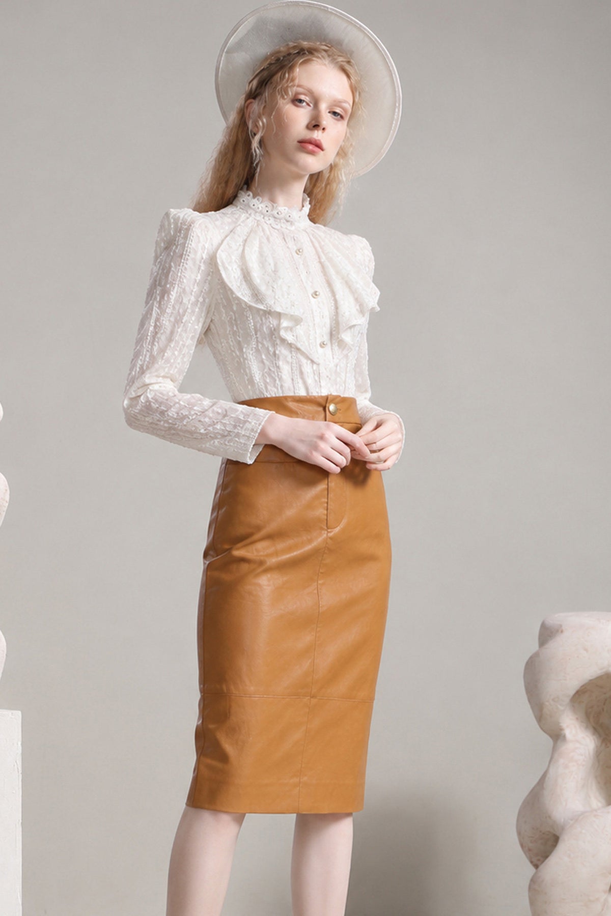 Brown Amber PU Leather Half-Length Straight Skirt