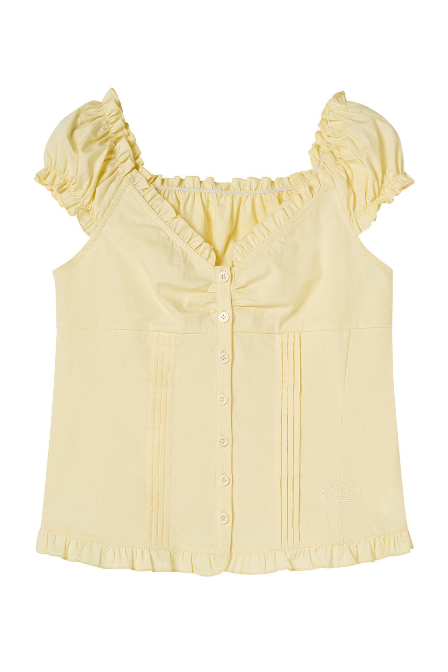 Blusa giallo crema con volant, scollo a V e maniche a sbuffo