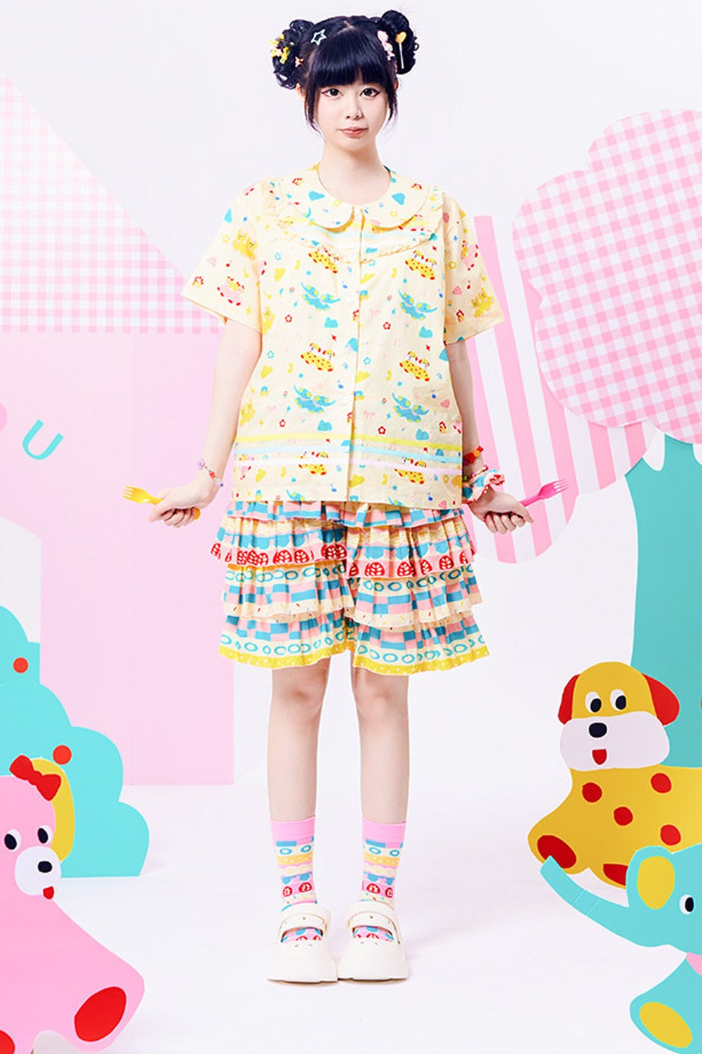 Original Three-Color Ribbon Print Blouse