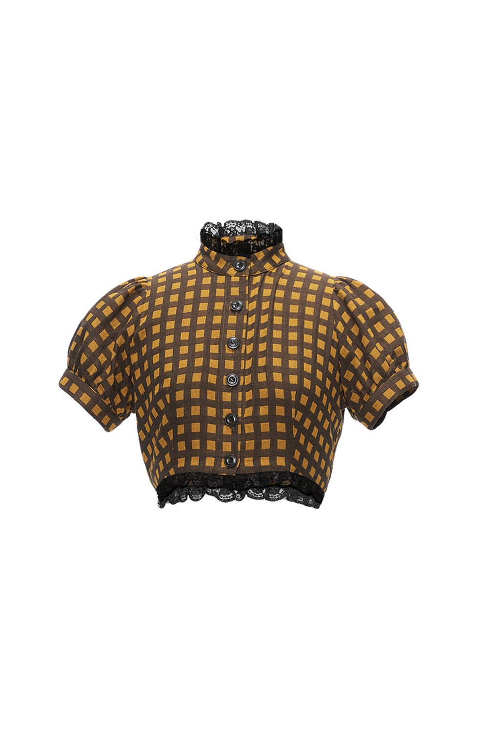 Yellow and Black Plaid Puff Sleeve Top