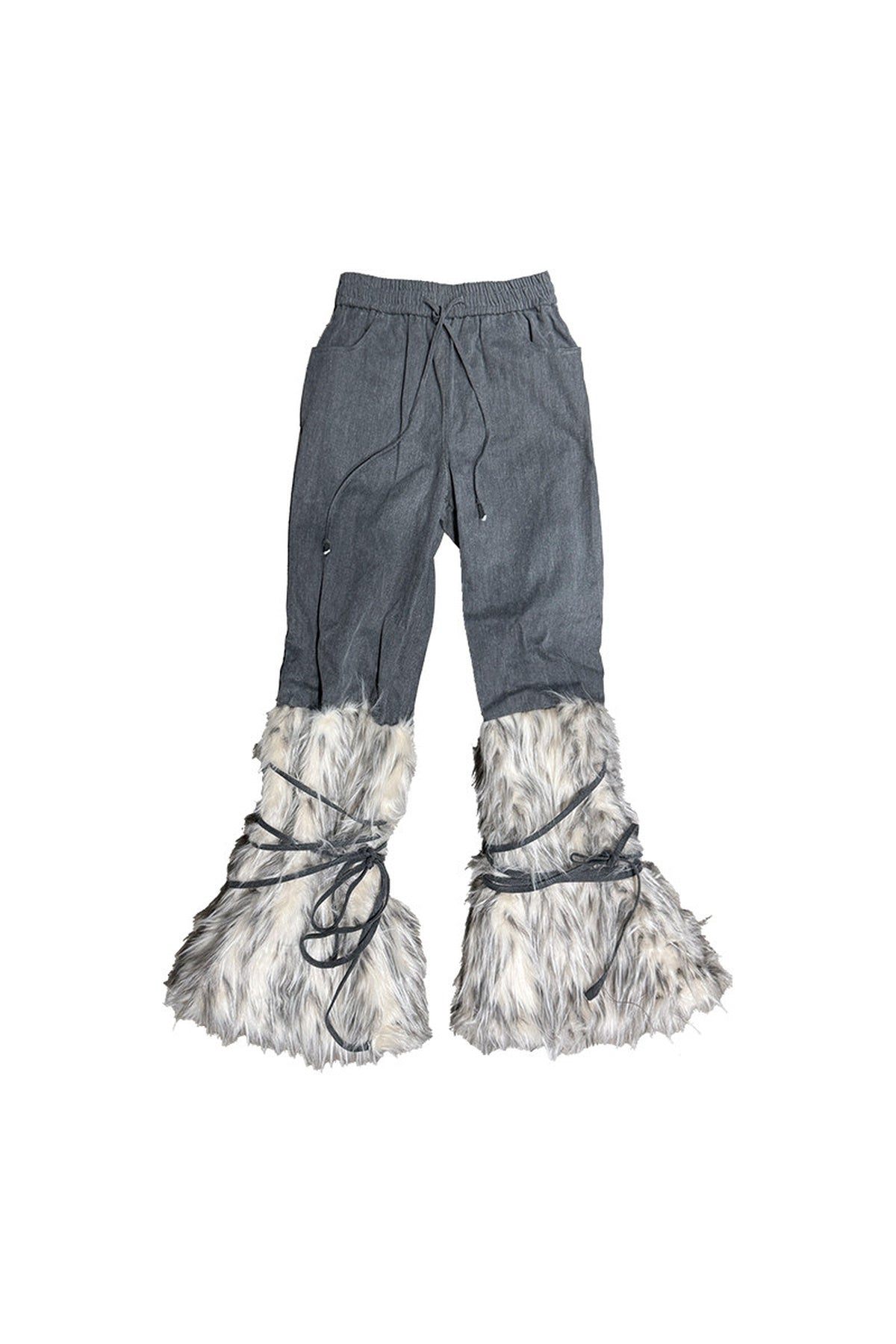 Loose Faux Fur Patchwork Drawstring Jeans