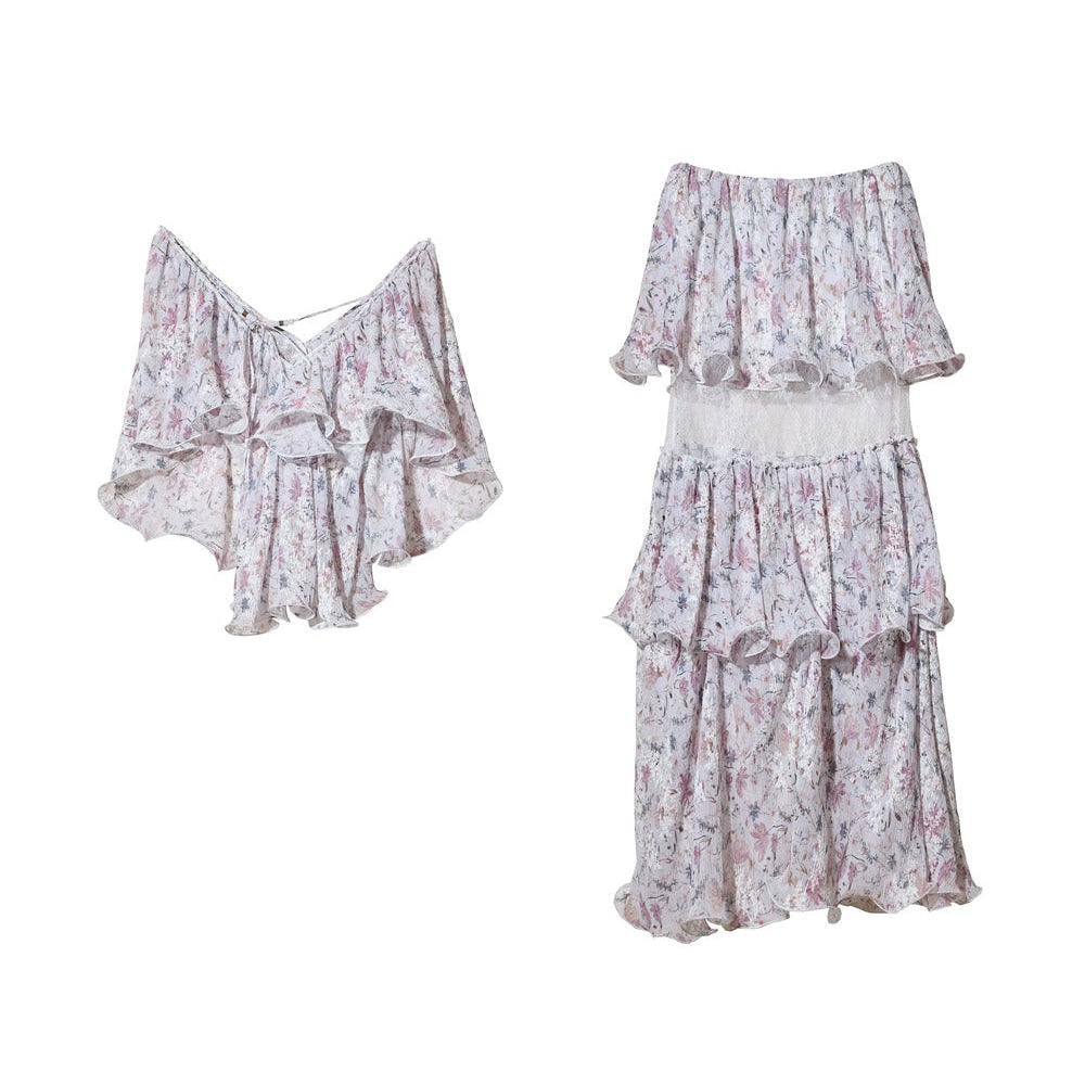 Retro Floral Two-Piece Ruffle Skirt Set-Up