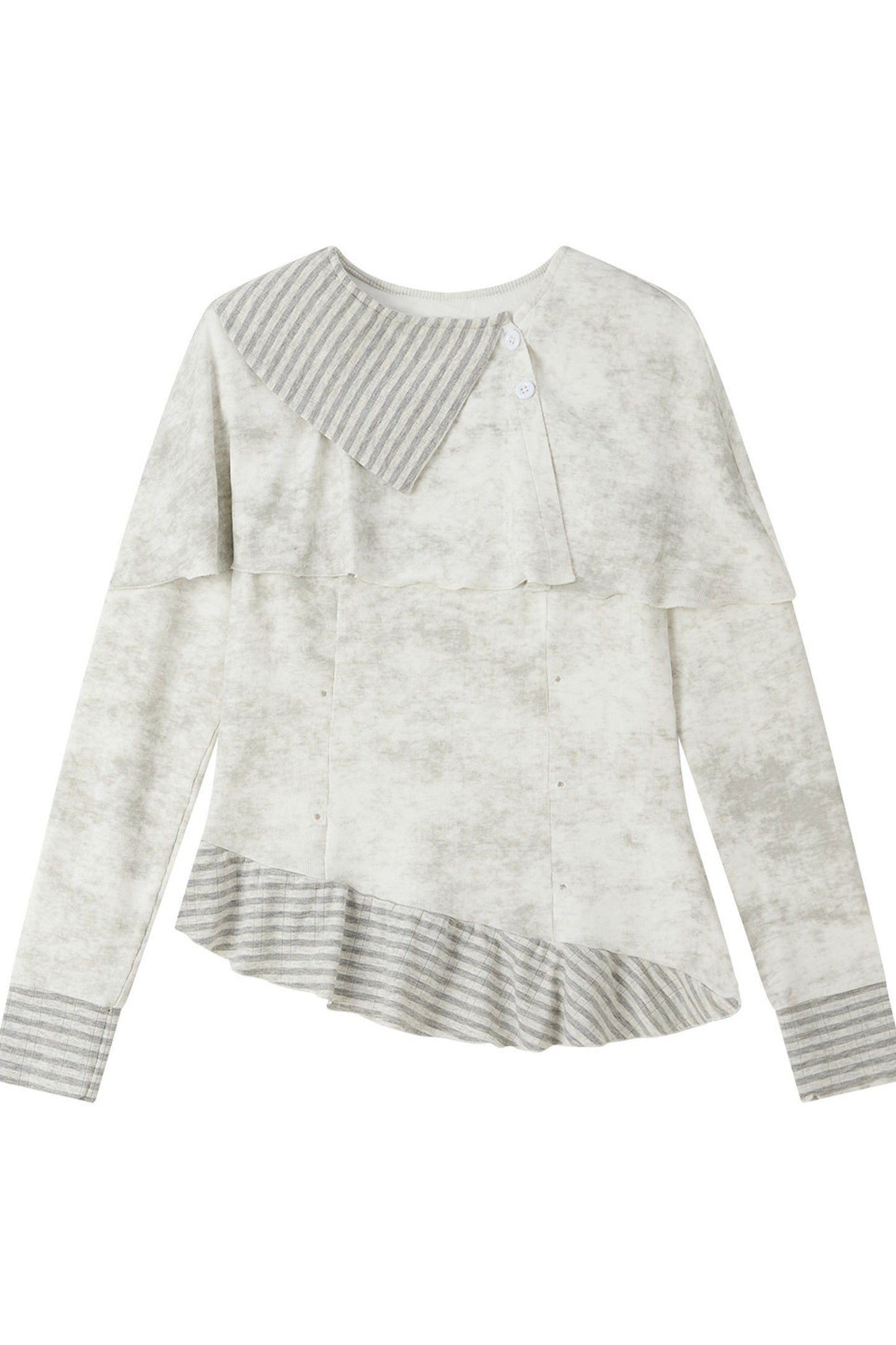 Top a righe a toppe con bavero asimmetrico e maniche lunghe