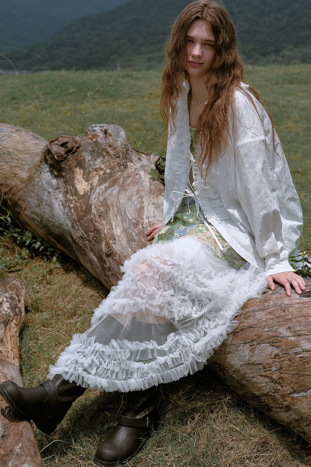White Ruffle Trim Lace-Up Shirt