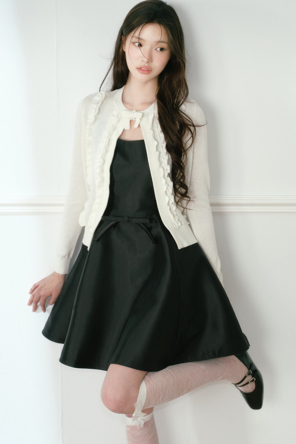 Glossy Black Spaghetti Strap A-Line Dress