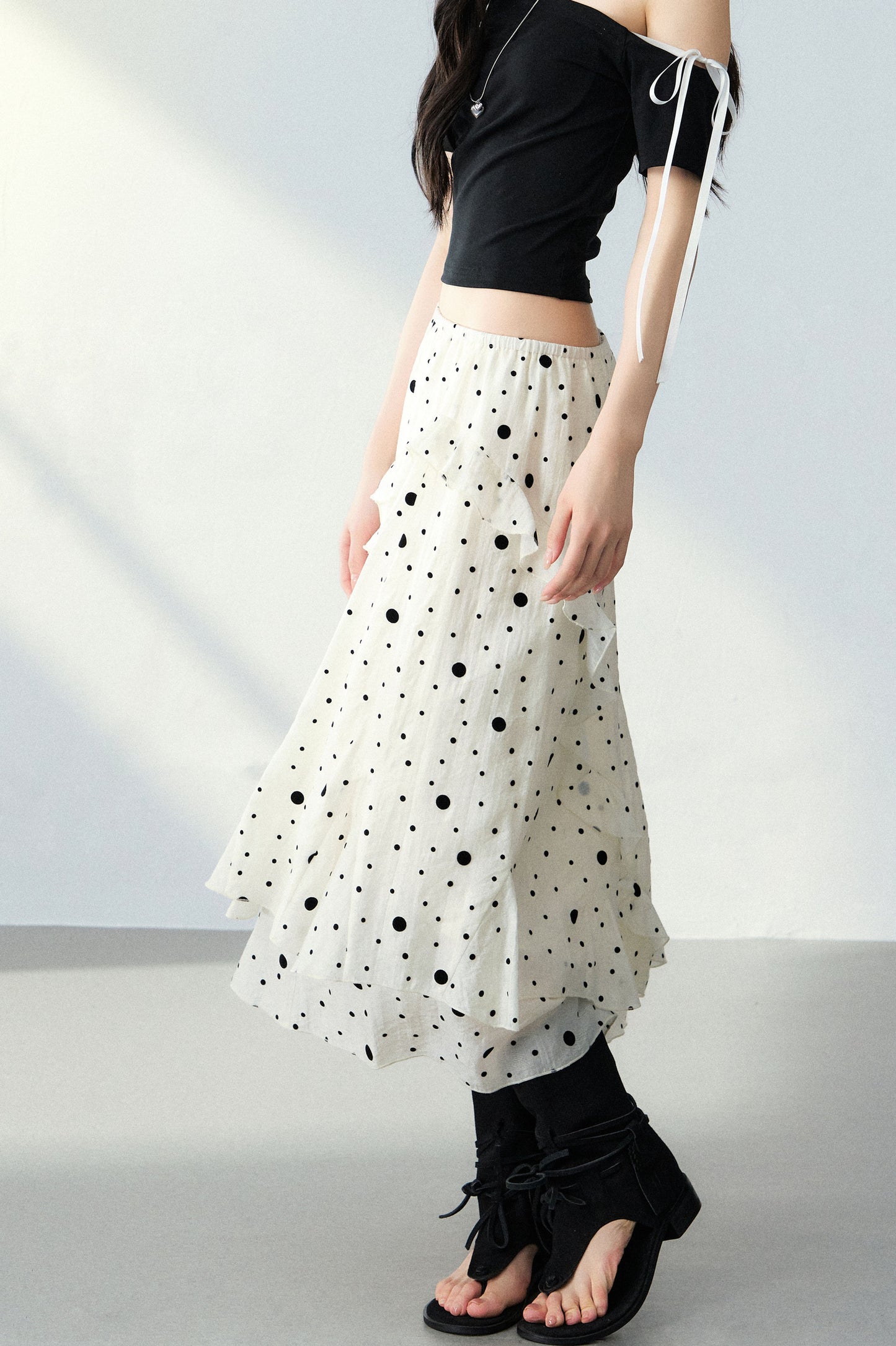 Flocked Polka Dot Ruffled A-Line Skirt and Top Set-Up