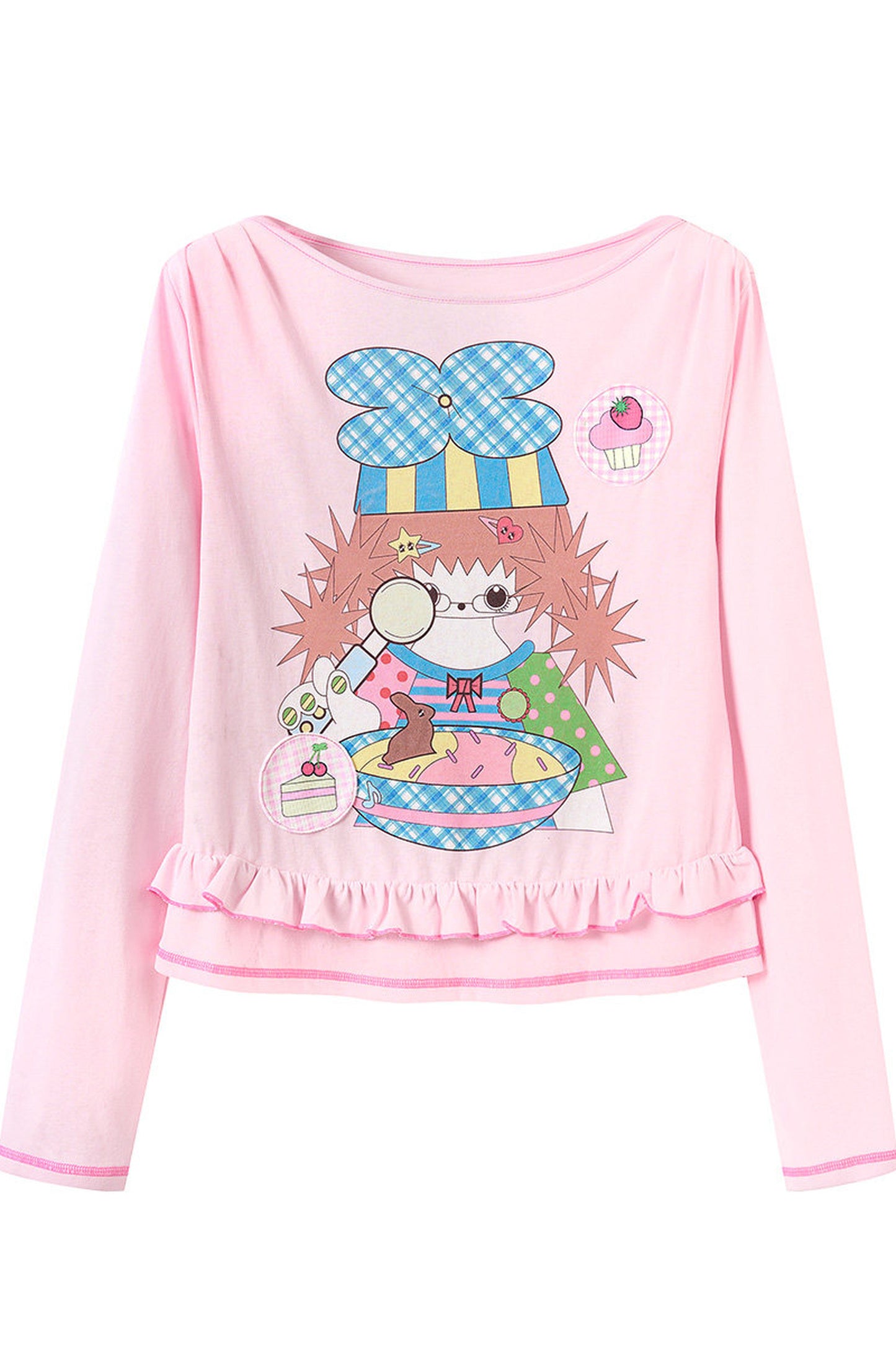 Langärmliges T-Shirt mit rosa Herzillustration