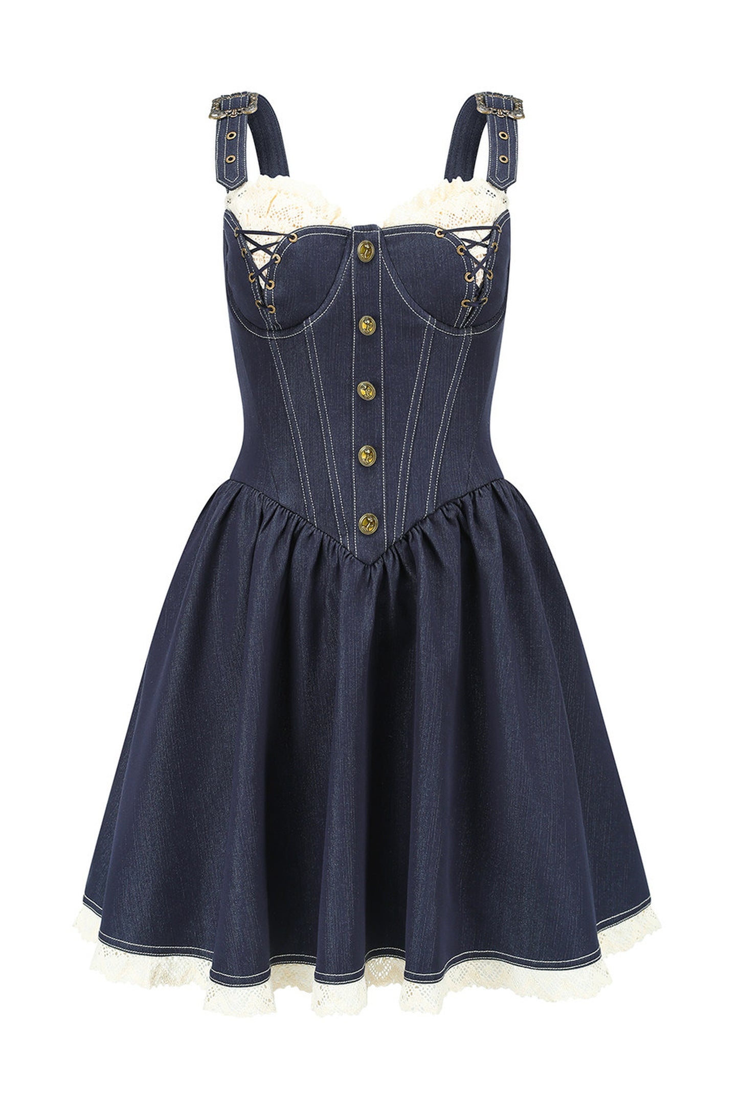 Dark Blue Denim Fishbone Strap Dress